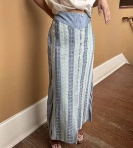 60s Vintage Mexican Homespun Blue Button Front Maxi Skirt S - Picture 1 of 9