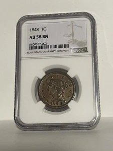 NGC AU-58 BN 1848 Braided Hair Large Cent, Lustrous, Razor-Sharp specimen. - Picture 1 of 2