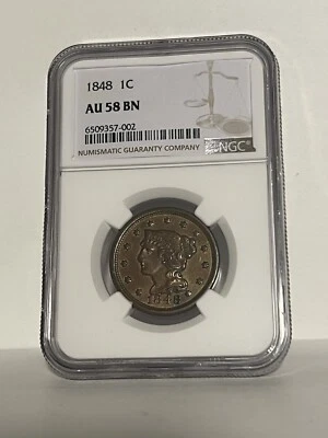 NGC AU-58 BN 1848 Braided Hair Large Cent, Lustrous, Razor-Sharp specimen. - Image 1 of 2