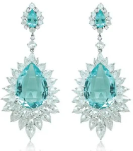 Clear Bright Pear Cut 18.80CT Aquamarine With Sparkling White CZ Dangle Earrings - Picture 1 of 4