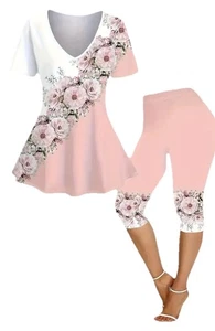 Woman's 2pc Capri & Blouse Matching Set size 3XL Pink Floral - Picture 1 of 4