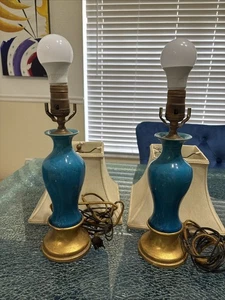 Par de lámparas jarrón de cerámica esmaltada turquesa antigua china vintage FUNCIONANDO - Imagen 1 de 17