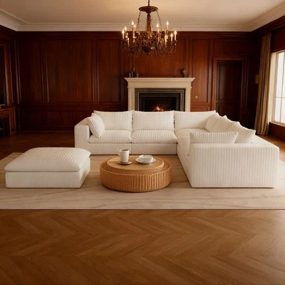 118" Cloud Couch Corduroy Sectional Sofa V-Shaped Living Room Couch with Ottoman - Image 1 of 4