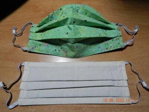FACE MASK HANDMADE ADULT PLEATED DBL LAYERED GREEN COTTON REUSABLE CORD LOCKS - Picture 1 of 9