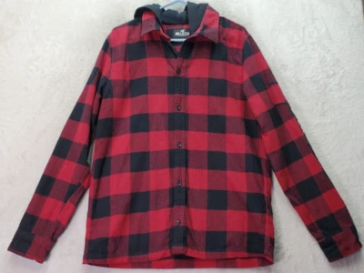 Hollister California Shacket Men's Medium Red Plaid Flannel Hooded Button Front - Image 1 of 4