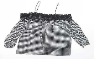 New Look Womens Black Check Cotton Blend Cropped Blouse Size 8er - Lace - Picture 1 of 12