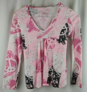 Justice Girls 12 Shirt Top Pink Black Silver Shimmer Peace Signs Long Sleeves - Picture 1 of 7
