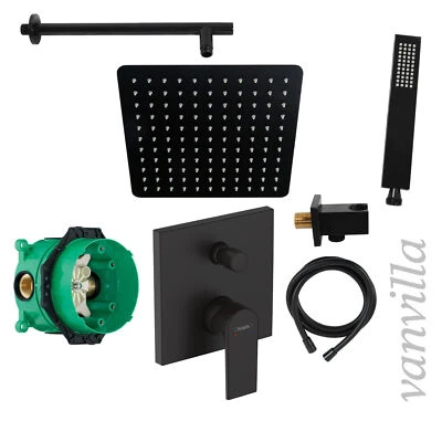 vanvilla Duschset Regendusche m. Armatur Hansgrohe HGS07 schwarz matt Unterputz