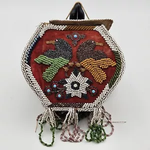 Antike indianische Irokesen Perlen Whimsey Handtasche BOX Hirsch, Flaggen, selten LESEN - Bild 1 von 11