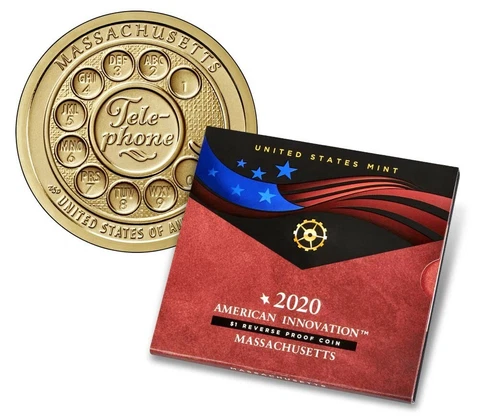 2020 S American Innovation $1 Reverse Proof Coin - Massachusetts Cover