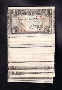 F.C. 100 BILLETES CORRELATIVOS DE 10 PESETAS BILBAO 1937 , SIN SERIE . - Picture 1 of 2