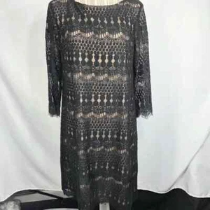 Vestido Jessica Howard Negro Encaje Superpuesto en Tostado Forro Flecos Acentos Talla 12 - Imagen 1 de 12