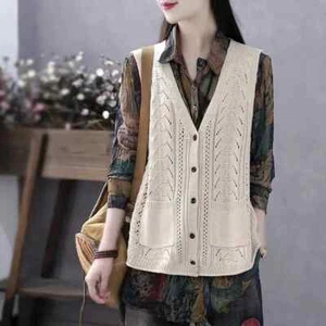 Ladies Knit Vest Hollow Sweater Jumper Cardigan Tops Knitwear Waistcoat Plain - Picture 1 of 15