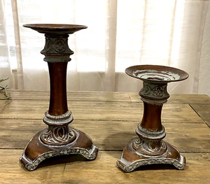 Distressed Candle Holders Metal & Resin Pillar / Tapir Antique Brass Look - 2 - Picture 1 of 5