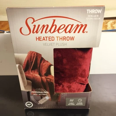Lanzamiento de terciopelo térmico rojo granate Sunbeam 50" x 60" 3 ajustes 3 horas apagado automático Foto 1 de 4
