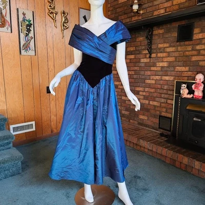 Vestido de baile formal vintage anos 80 rainha formatura metálico azul real tafetá loralie M - Imagem 1 de 4