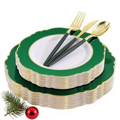 Platos de Navidad desechables WDF 30Guest - cubiertos de plástico dorado con Ha verde Foto 1 de 4