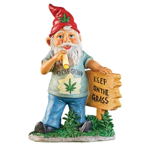 Solar Powered Keep On The Grass Pot Smoking Garden Gnome - Picture 1 of 2