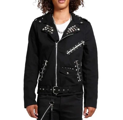 Chaqueta de Motociclista Para Hombres Punk Rock Tachonada Negra Cremallera Remache Cadena Estilo Gótico Foto 1 de 2