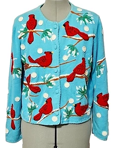Vintage 2000 Michael Simon Bird Snow Blue Cardigan Beaded Sweater Ugly Christmas  - Bild 1 von 16