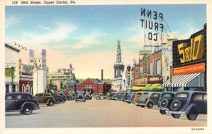 RARE 1937 PC 69th STREET UPPER DARBY PA BIZ SIGNS CARS TEICH NOS MINT * - Picture 1 of 2