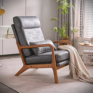 Mid-Century Modern Accent Chair with Solid Wood Frame and Dark Gray Upholstery - Picture 1 of 18