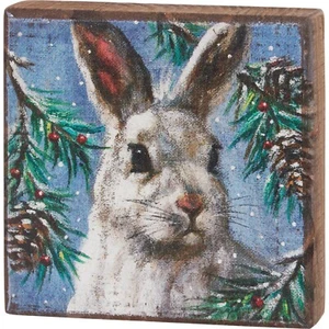 Holiday Wooden Block Sign - Bunny Rabbit In Woodlands | 4x4 | Primitves by Kathy - Picture 1 of 3