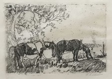 B.E. MINNS (FAMOUS AUSTRALIAN ARTIST) 'HORSES TAKING A BREAK' ORIGINAL ETCHING