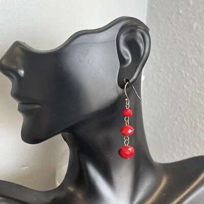 ❤️ Pendientes de gancho colgantes de cuarzo simulado cereza roja de plata de ley Foto 1 de 4