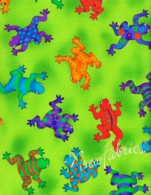 Kids Frog Fabric Cotton  60"W  DIY Craft Quilting on Neon Green   BTHY - Image 1 of 1