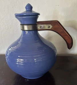 Vintage Bauer Pottery Ringware Carafe Coffee Server Delph Blue Wood Handle w/Lid - Picture 1 of 9