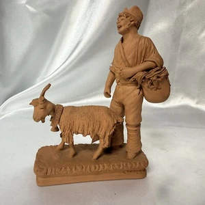 Vintage Sno Grasso Italy Terracotta Figurine Clay Statue Merchant Man Goat READ - Picture 1 of 10