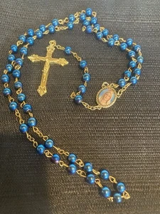 Vintage Maria Stern des Meeres Gold & Metallic Blau Glasperlen Rosenkranz 20 Zoll - Bild 1 von 13