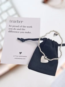Teacher Silver Plated Bead Bracelet with Silver Heart Charm - Stretch / Stack - Picture 1 of 3
