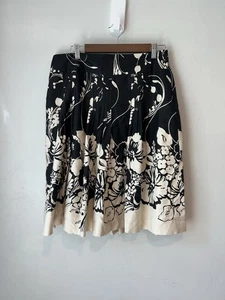Ann Taylor Black and Cream Floral Pleated Front Silk Cotton A-Line Skirt - Picture 1 of 6