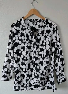 Talbots Plus 1x Polka Dot Black & White 100% Cotton Top Ruffle Neckline Button - Picture 1 of 11