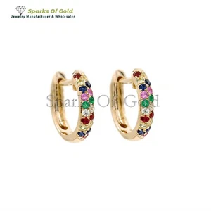 Solid 14k Gold Rainbow Sapphire & Diamond Huggie Earrings Minimalist Jewelry Gif - Picture 1 of 3