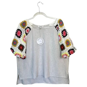 Umgee USA Crochet Granny Square Sleeve Boho Top Beige- Size XL - Picture 1 of 7