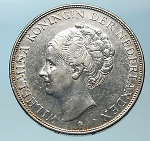 1937 Netherlands Queen WILHELMINA 2.5 Gulden Authentic DUTCH Silver Coin i83786