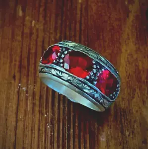 Lab Created Red Ruby Gemstone With 925 Sterling Silver for Men's Handmade Ring 0 - Picture 1 of 8