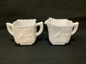 Westmoreland Milk Glass Beaded Grape Paneled Creamer and Sugar Bowl MCM Servewar - Picture 1 of 6