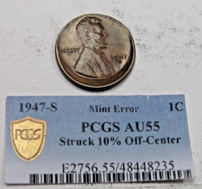 ERROR: 1947-s Lincoln Wheat Penny. PCGS AU55 Struck 10% Off-Center. Crack-Out. - Image 1 of 4