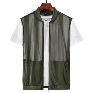 Men Fishing Net Waistcoat Gilet Tank Tops Summer Hollow Out Casual Sports Zip - Picture 1 of 13