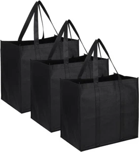 3 pc Reusable shopping bags large grocery tote strong black 3 pack - Picture 1 of 5