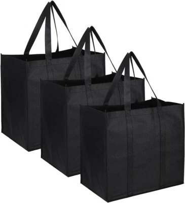 3 pack Reusable shopping bags large grocery tote strong black heavy duty bags