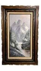 Signed Simon Oil Painting - Snow-Covered Mountain Landscape with Carved Wooden F - Picture 1 of 4