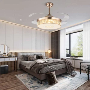 42'' Retractable Ceiling Fan Light LED Dimmable Crystal Chandelier W/Remote - Picture 1 of 15