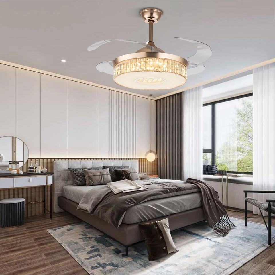 42" Ceiling Fan Light 3-Color Crystal LED Invisible Gold Chandelier Lamp +Remote - Image 1 of 4