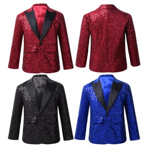 Boys Sequined Tuxedo Suit Jacket Dinner Jacket Party Prom Wedding Blazer Jackets - Picture 1 of 49