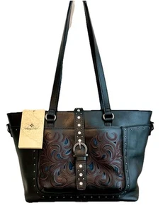 Patricia Nash Lux Tooled Black Leather Western Ranch Shoulder Tote Bag NWT - Picture 1 of 20